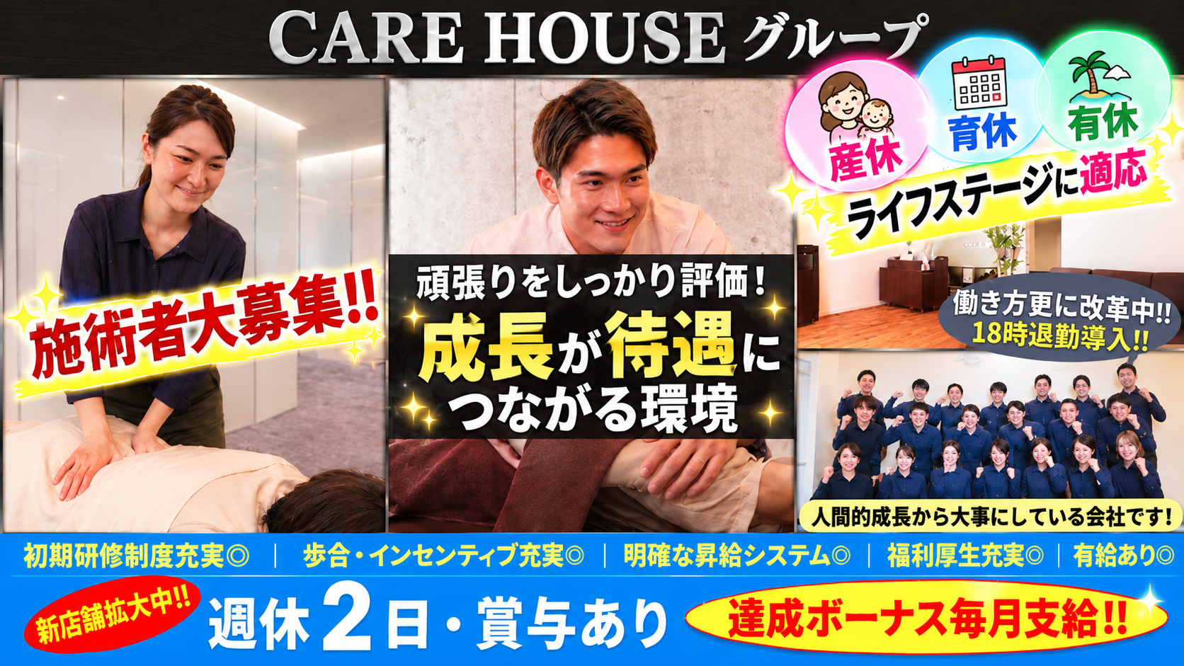 CARE HOUSEグループ 施術者大募集。平均支給額37万円以上、週休2日、賞与あり、達成ボーナス毎月支給。18時退勤導入で働き方改革中